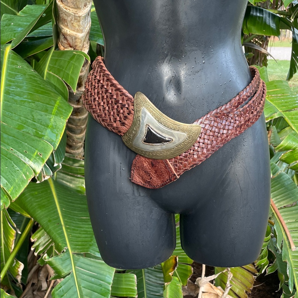 Moroccan woven leather braided belt with brass, silver and inlaid stone close